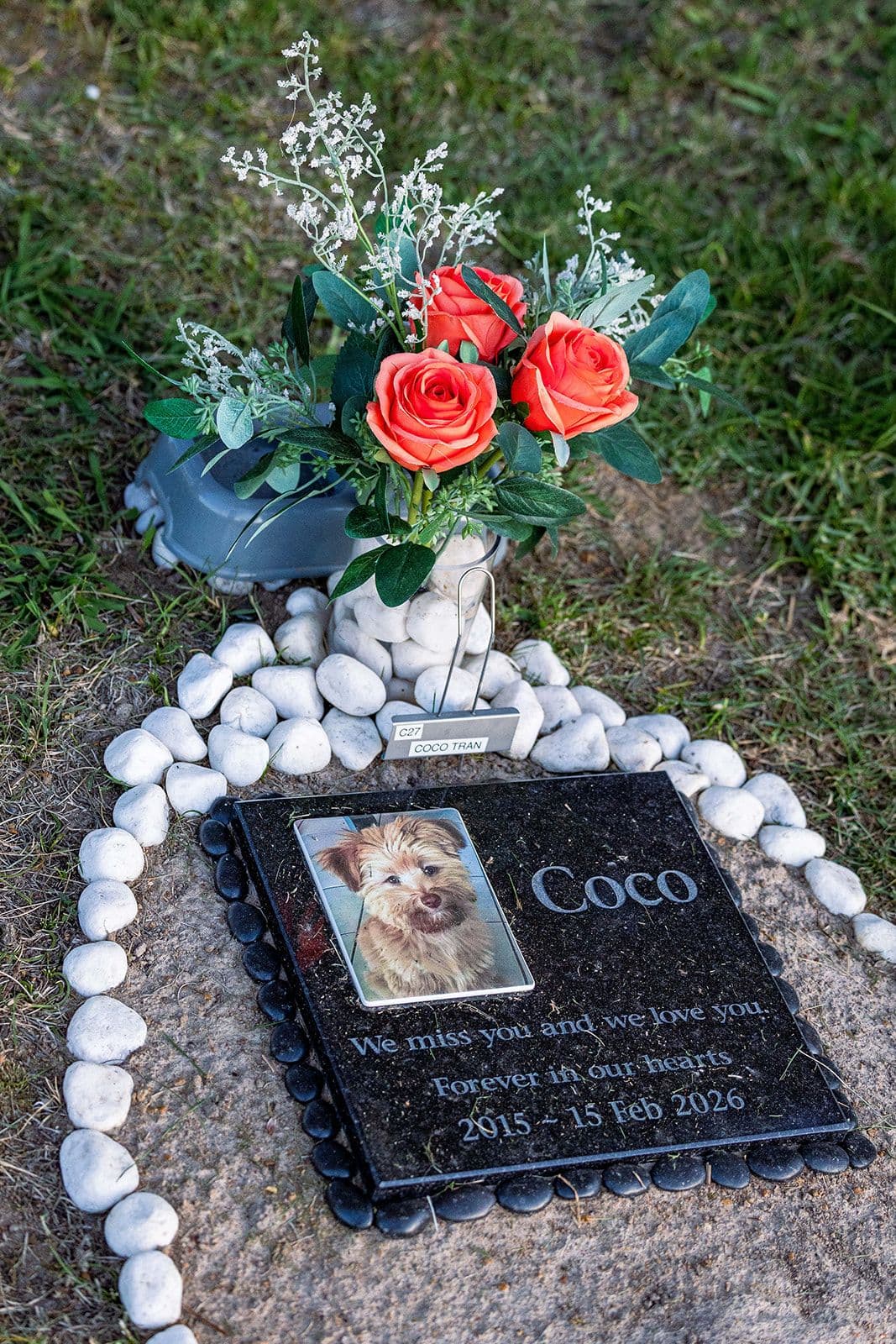 A memorial plaque surrounded by roses