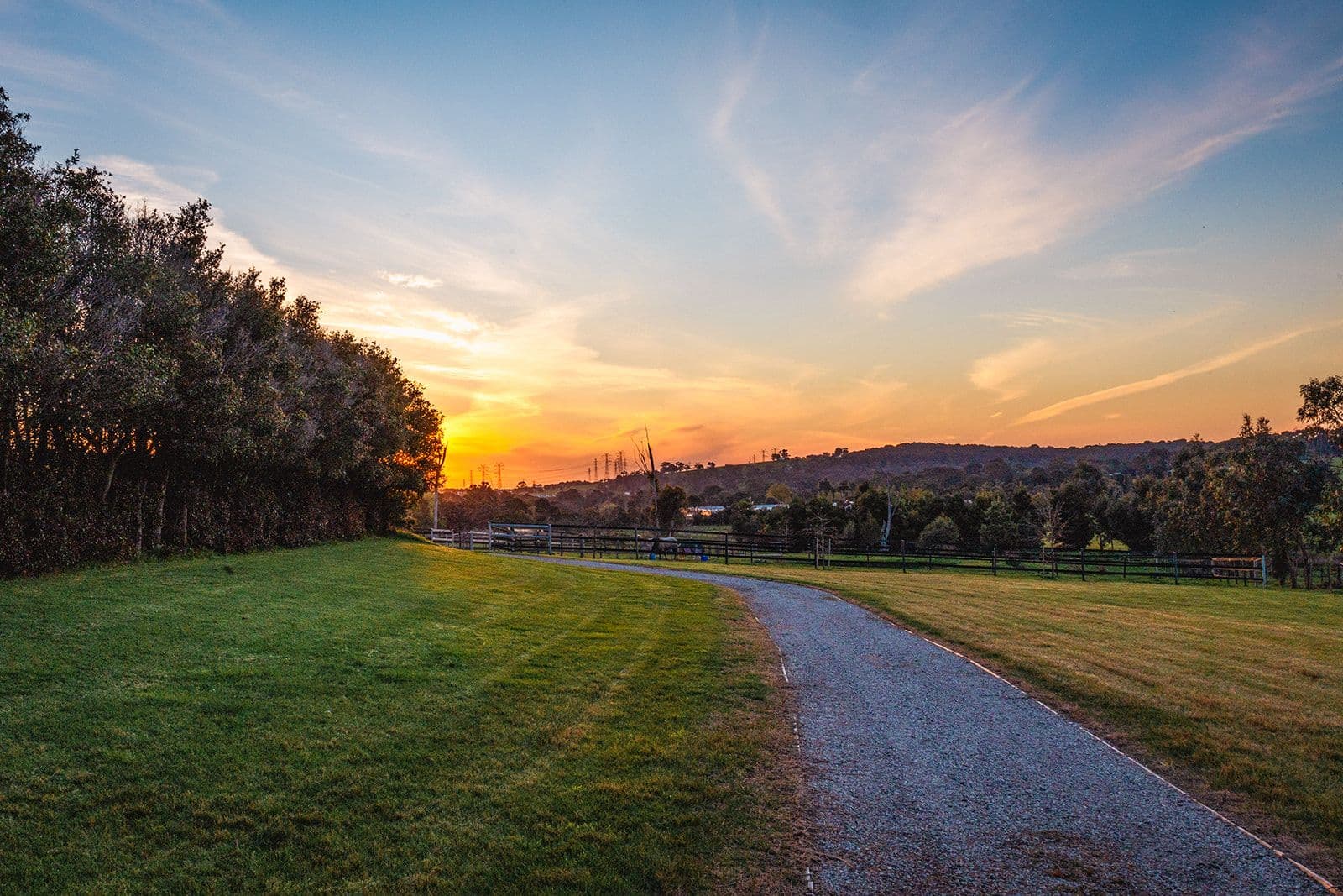 A path through the grounds at sunset